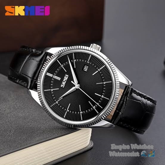 Jam Tangan Skmei 9298 Pria Analog Tanggal Strap Leather Kualitas Original Waterproof