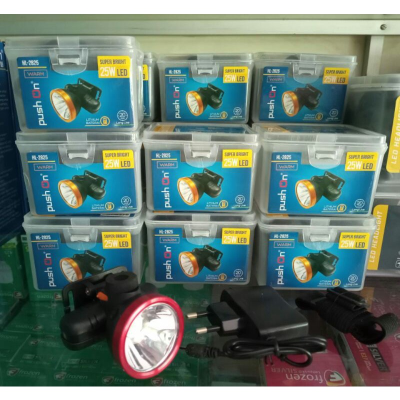 Push On Senter Kepala 25 watt HL 2825 Spesifikasi :*Merek : Push On*Type : Senter Kepala (HEAD LAMP)