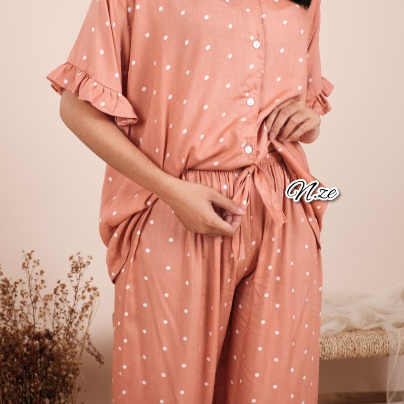 Piyama Set Lengan Pendek / Piyama Kancing Busui / Piyama Ruffle / Setelan Rayon Jumbo V-Neck