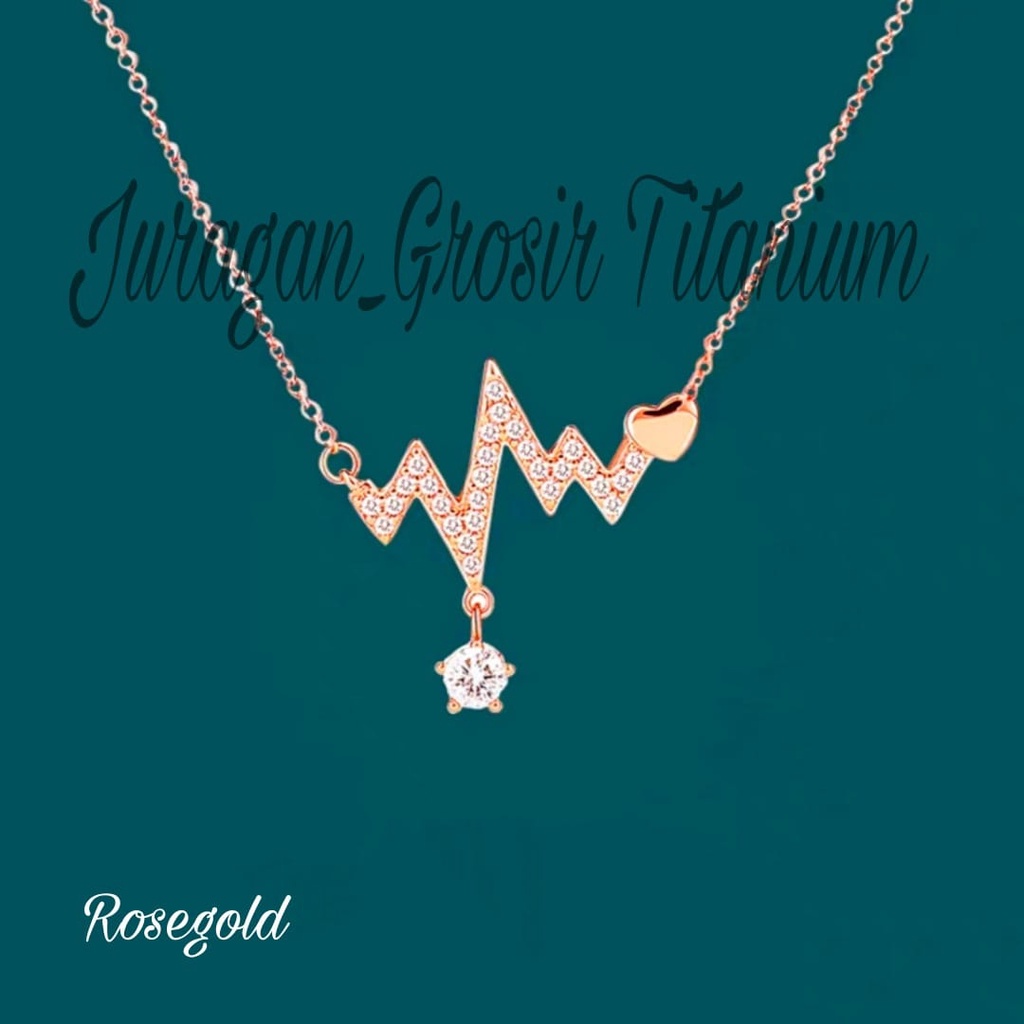 KALUNG TITANIUM DETAK JANTUNG ZIRCON RANTAI MEWAH ANTI KARAT&amp;ANTI LUNTUR