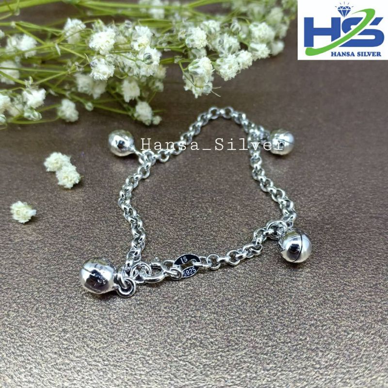 Gelang Perak Anak Asli Silver 925 Lapis Emas Putih Model Rantai Nori Kerincing - Gelang Tangan Atau Kaki Anak Anti Karat