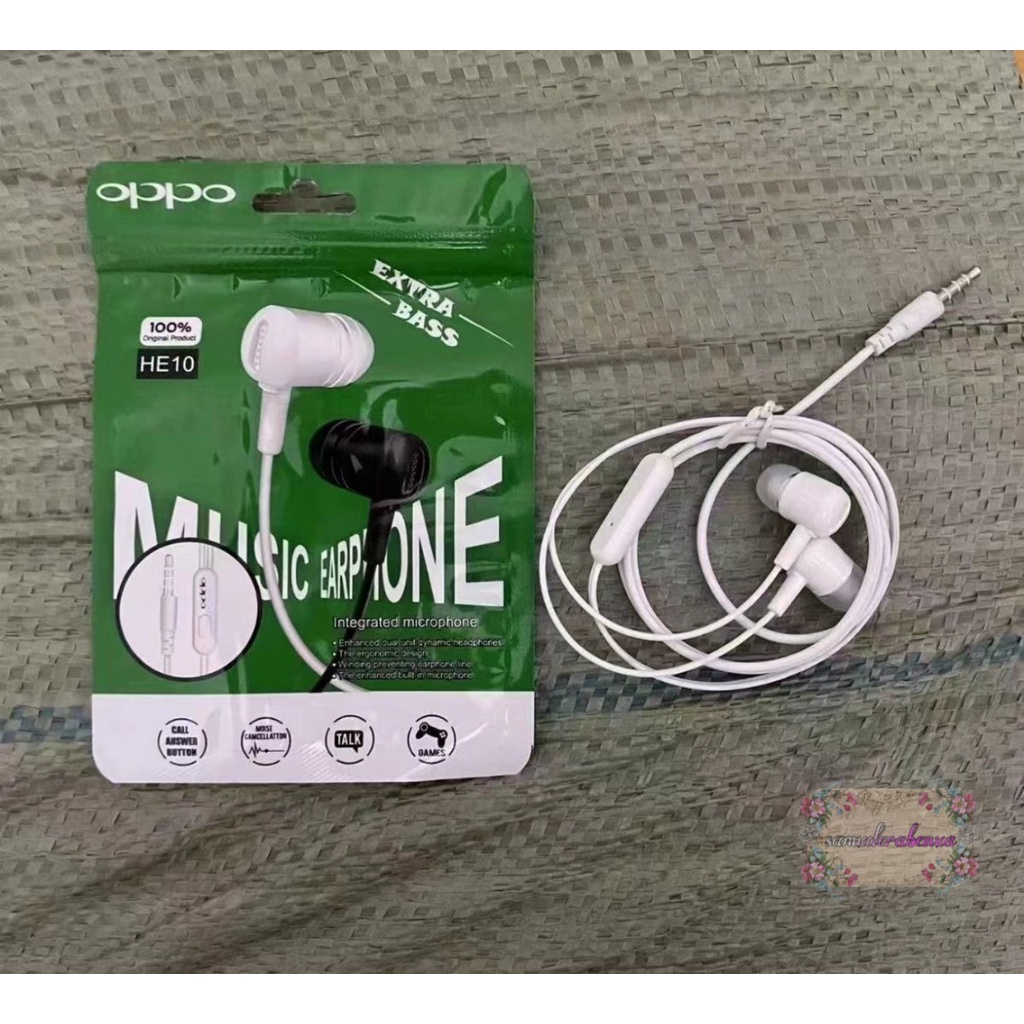 Hf Headset earphone headsfree brand HE10 extra BASS oppo Samsung vivo xiaomi realme + MIC bisa telepon an suaranya mantap SB4342