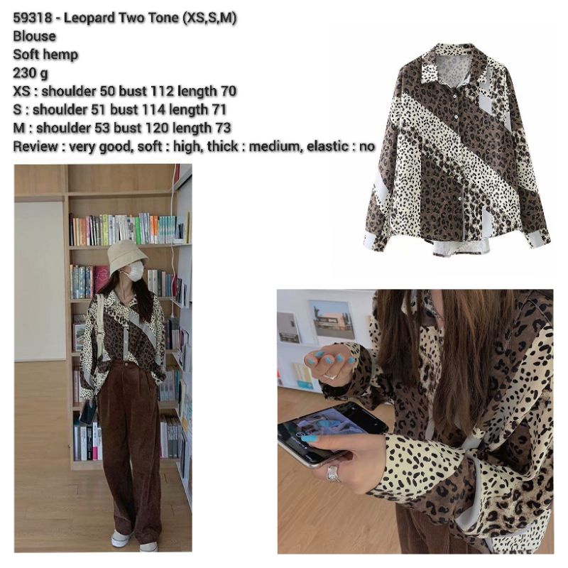 Blouse jumbo berkerah motif macan leopard dua warna lengan panjang
