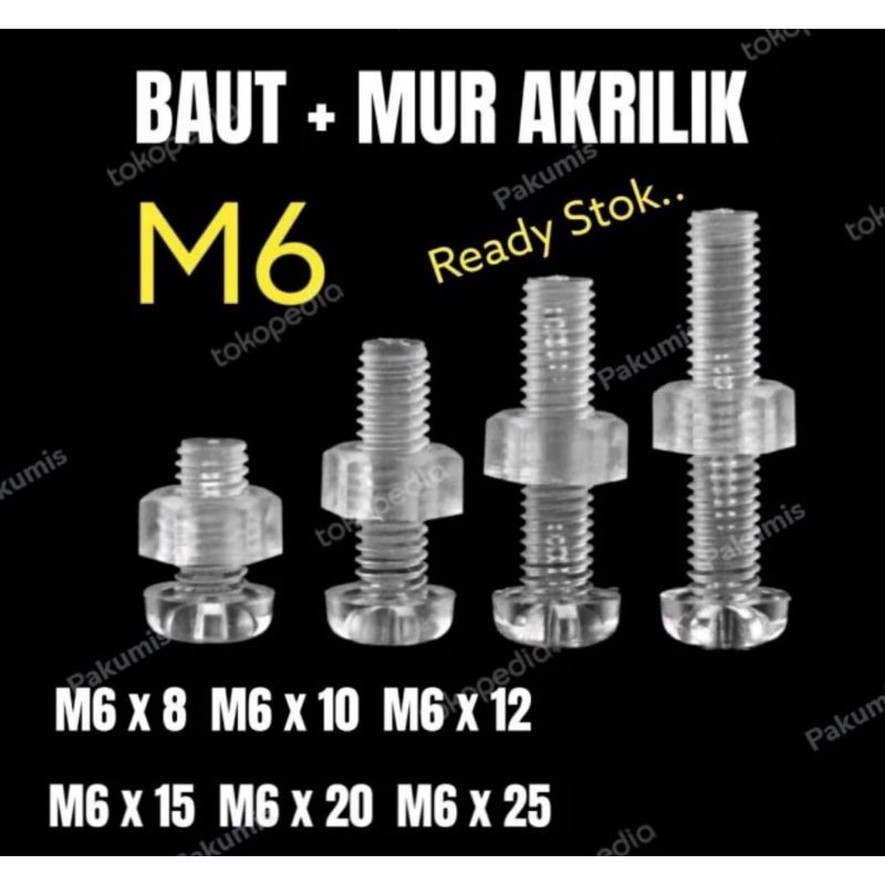 Baut akrilik+mur ackrilik m6 bening transapran set baut mur m6 x 8-m6 x25