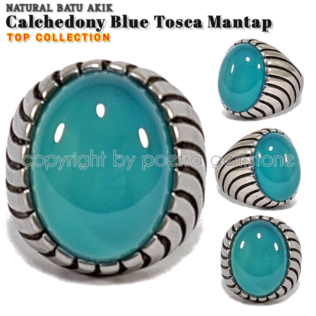 Natural Cincin Titanium Batu Akik Calchedony Blue Tosca Mantap