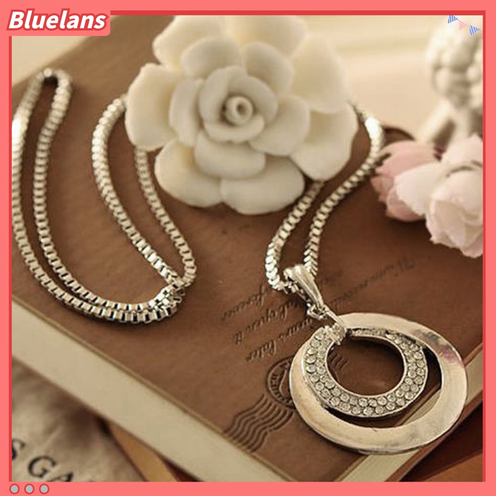 Bluelans Women Fashion Double Circles Rhinestone Inlaid Long Chain Necklace Jewelry Gift