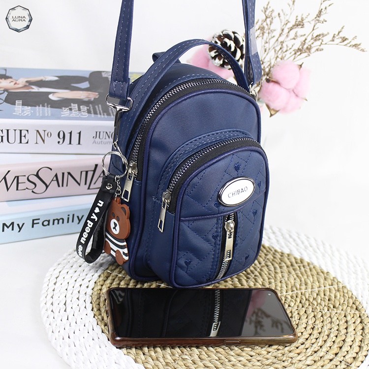 Luna Aura Tas Ransel Mini Wanita 3in1 Parasut Nilon Bordir Slingbag Wanita Kekinian Tas Slempang Wanita Tas ootd-Navy Blue