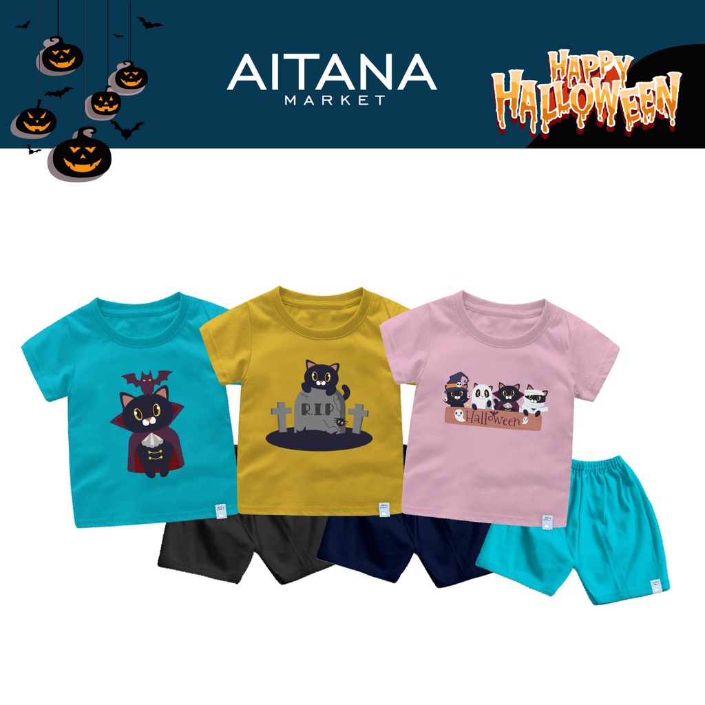 Setelan Bayi &amp; Anak N&amp;F Tema Halloween Cat Grave Untuk Usia 6 Bulan - 8 Tahun Bahan Cotton 30s