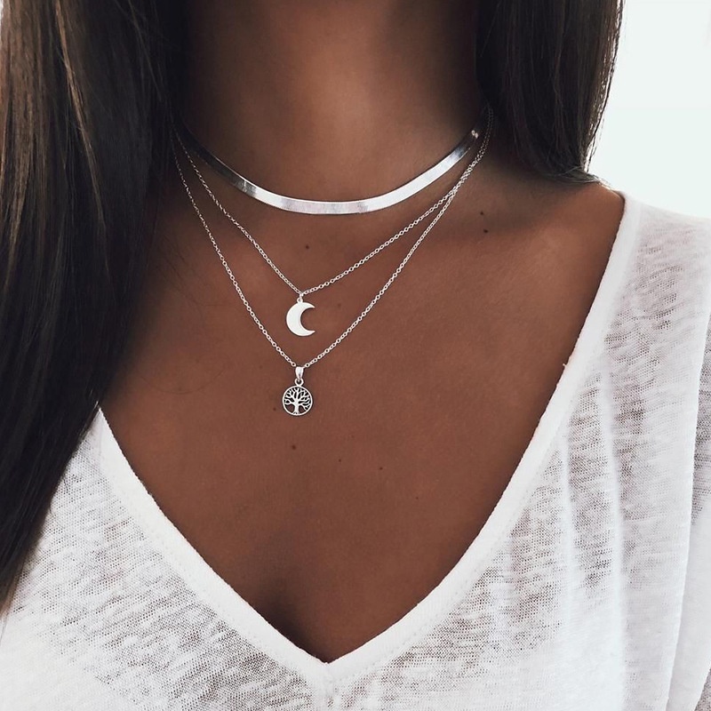 Kalung Multi layer Bahan Alloy Dengan Liontin Bulan Dan Pohon Kehidupan Untuk Wanita