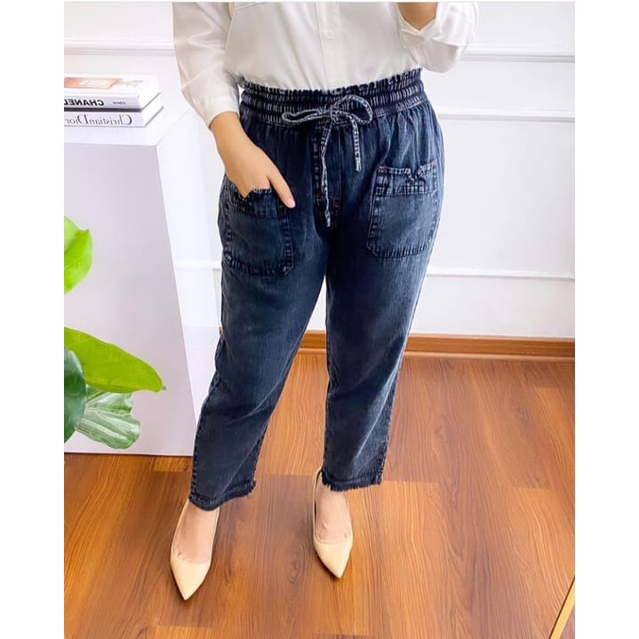 Poppy Baggy Pants Celana Jeans Wanita Pinggang Full Karet Bawah Rawis