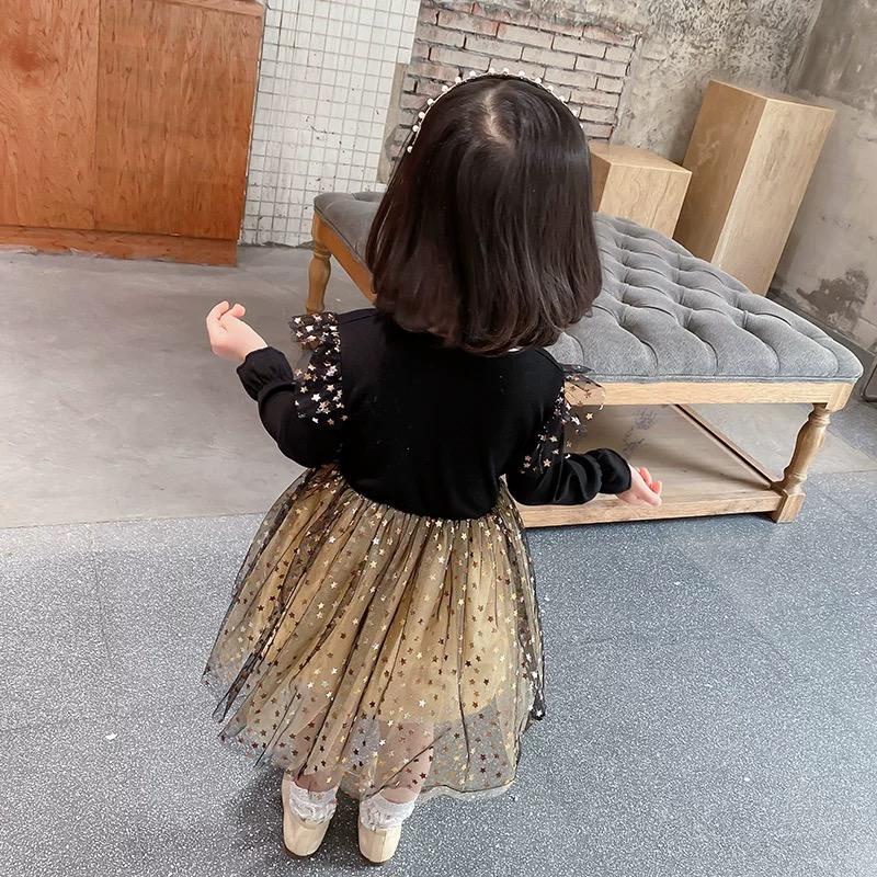 Dress Anak Prinicess Lengen Panjang Hitam Motif Star