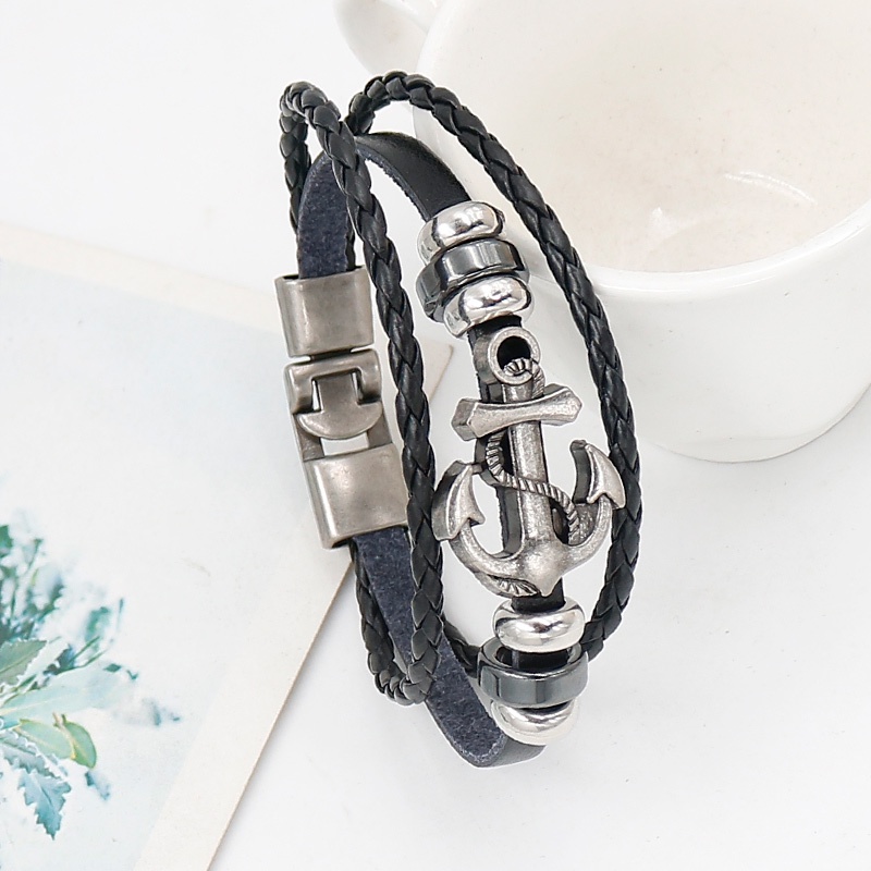 Gelang Multilayer Bahan Kulit Aksen Jangkar Gaya Eropa Amerika