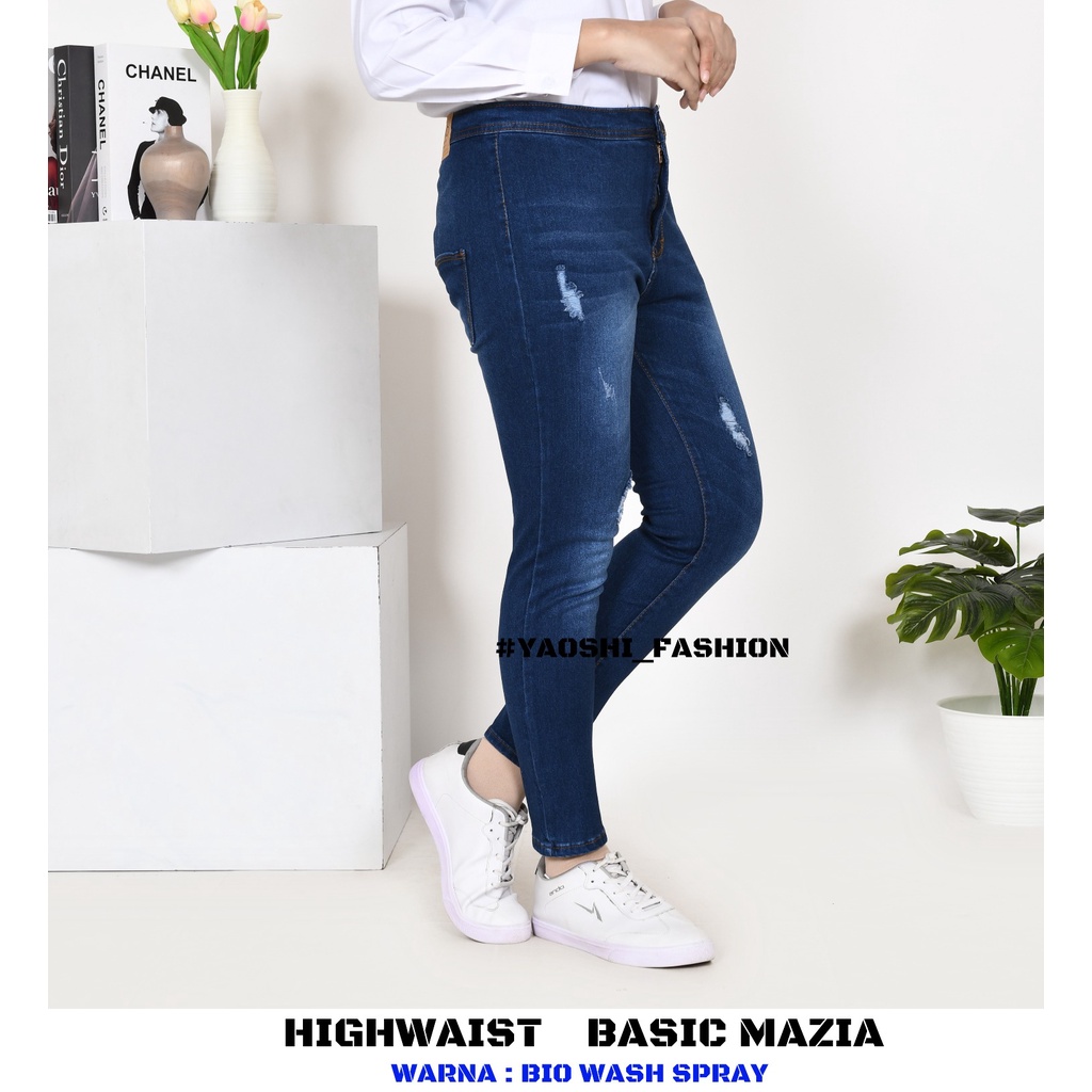 YAOSHI -CELANA PANJANG DENIM/JEANS PINGGANG TINGGI WANITA - Highwaist Denim Mazia Ripped - Bahan  Super Good Quality SIZE 31-34