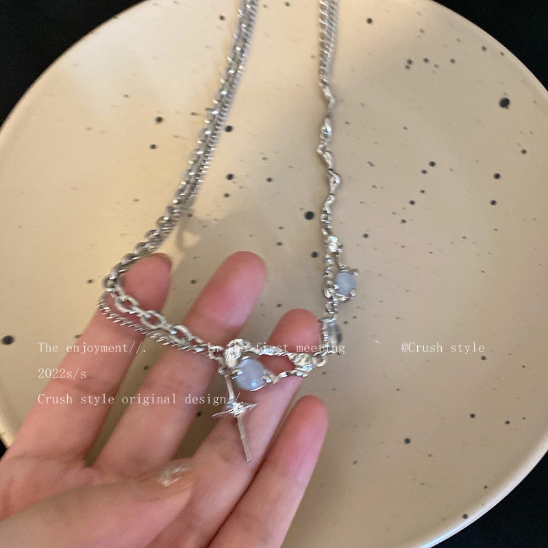 AY(CN) Kalung Rantai Klavikula Hias Liontin Bintang Permata Warna Silver Untuk Wanita