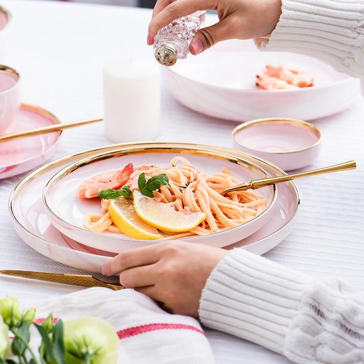 Subsidi--ASHOME Piring Keramik Pink Marble List Gold Elegan / Piring Keramik Motif Marmer Pink List 