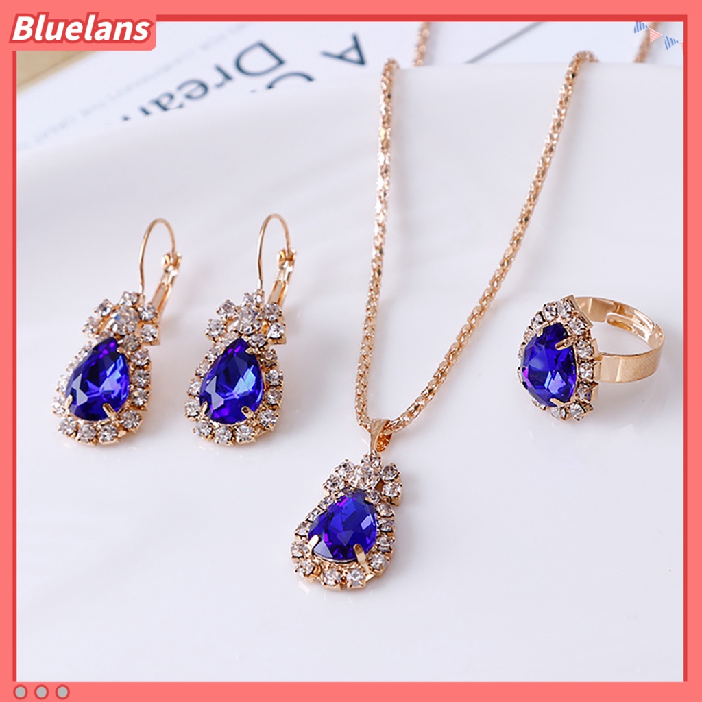 Bluelans Jewelry Set Eye-catching Easy Matching Women Waterdrop Shiny Rhinestone Necklace Ring Earrings