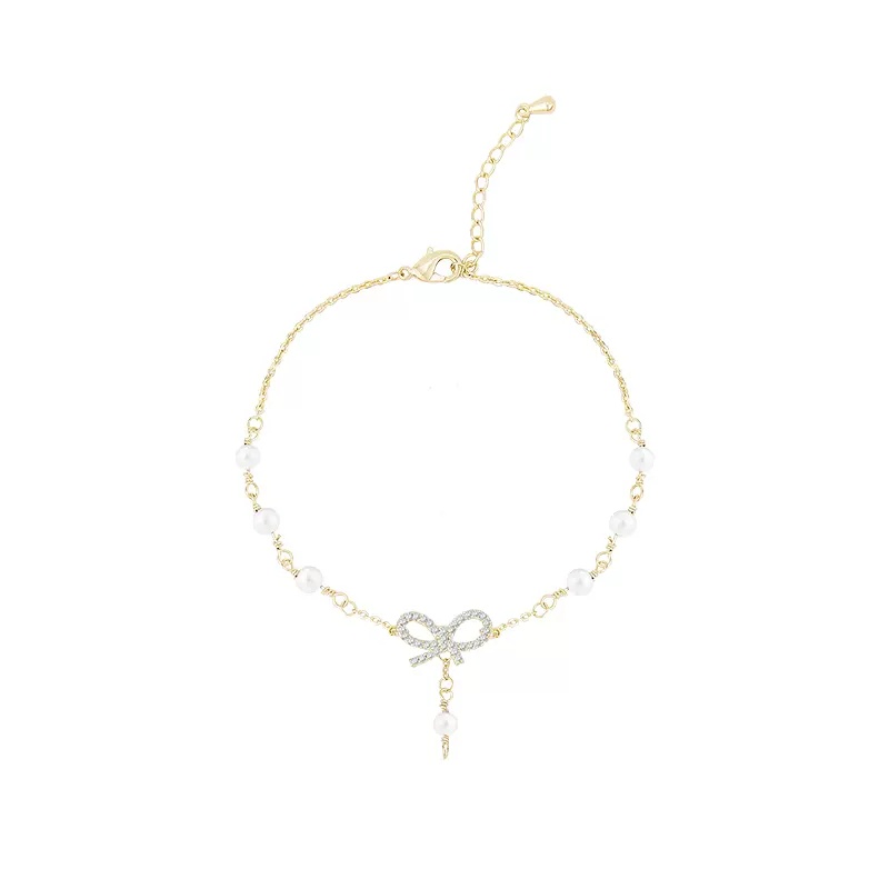 Roselife Gelang Tangan Gaya Korea Aksen Pita + Mutiara + Zircon Warna Gold Untuk Perhiasan Wanita