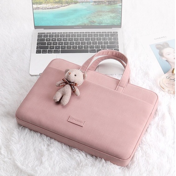 Tas Fashion Wanita Jinjing Selempang Slempang Sling Bag Sleeve Pouch Sarung Ipad Tab Tablet Macbook Air Pro Laptop Asus Acer Lenovo HP Huawei 11 12 13 14 15 inch Motif Beruang Bear Warna Pink Biru Cute Murah Korean Model Tali Tahan Air Slot Stationary