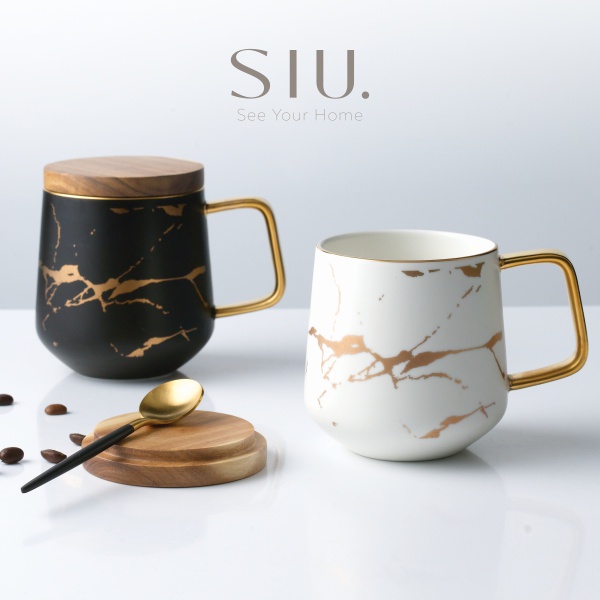 Paket Bundling of 2 Pcs Black dan White - Marble Mug Wooden Lid