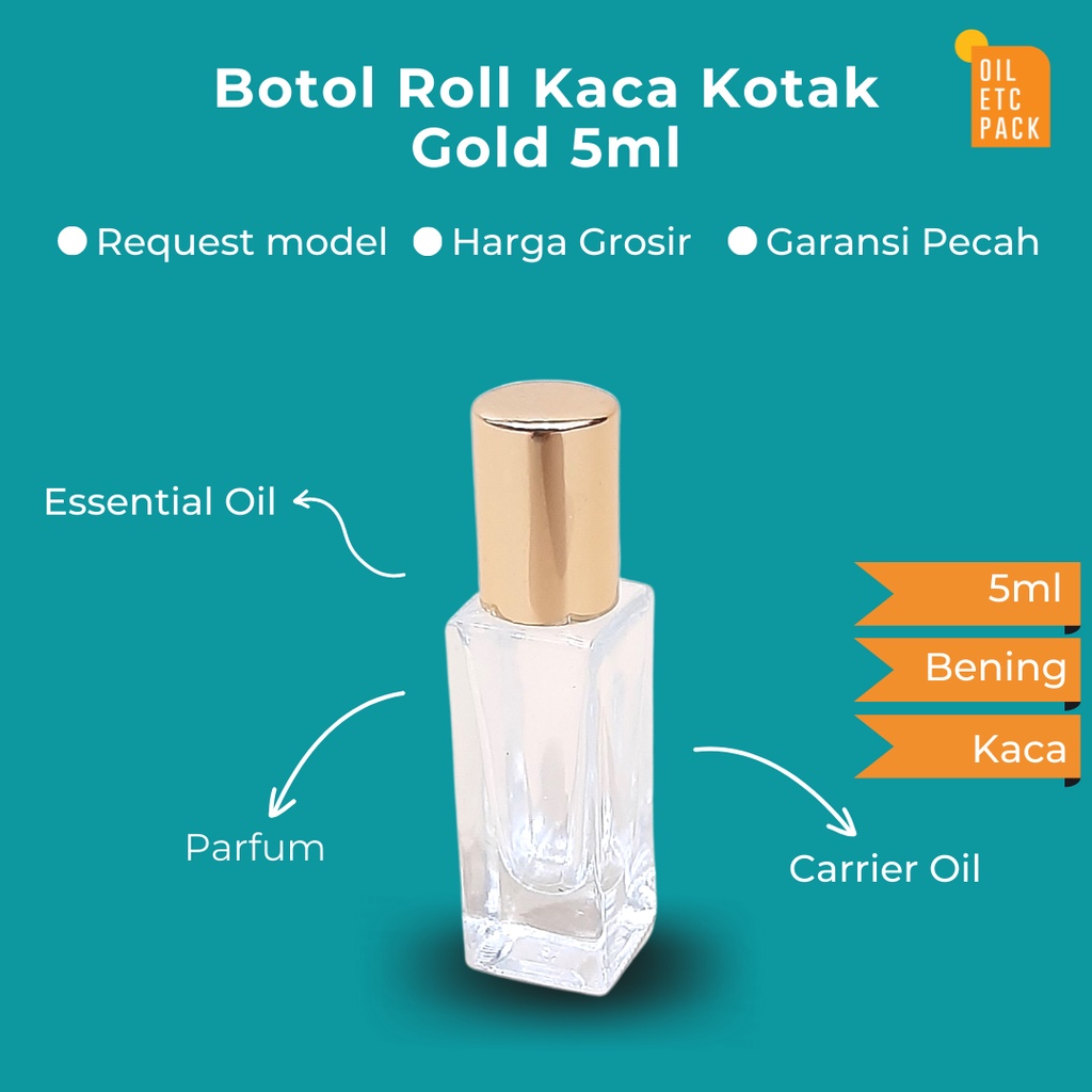 Botol Roll Kaca Kotak Gold 5ml / Roller Stainless / Wadah Kosong Sample Parfum, Essential Oil, Teste