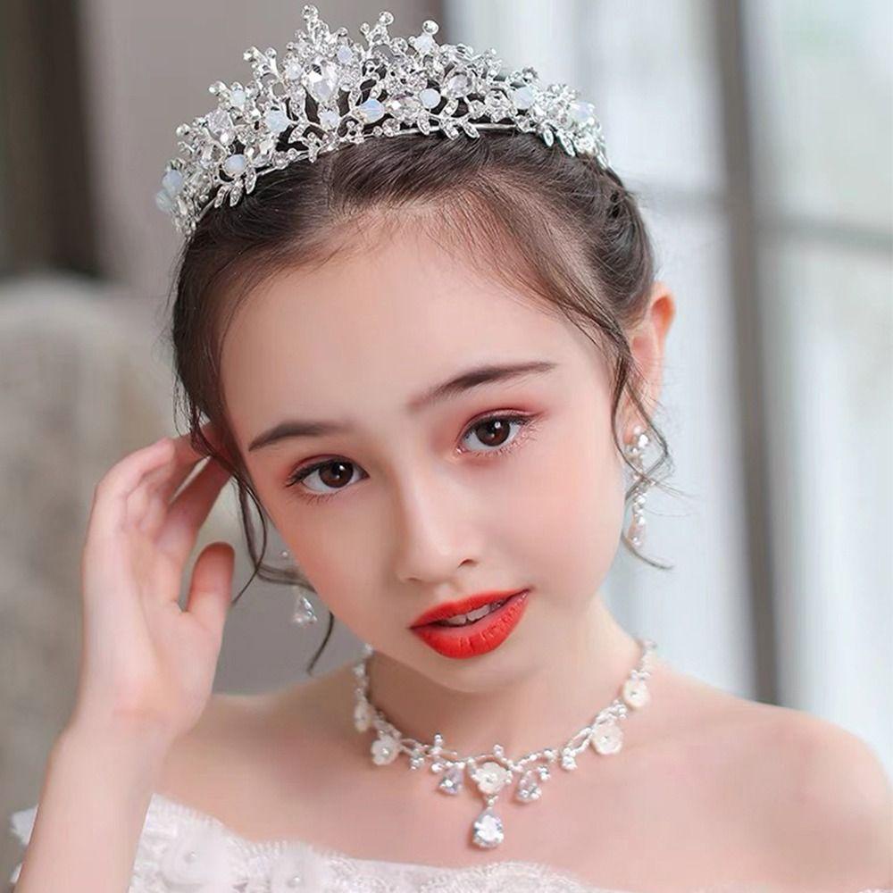 NEEDWAY Needway Set Perhiasan Pernikahan Pengantin Elegan Bergaya Shiny Bunga Menjuntai Anting Perhiasan Fashion Berlian Imitasi Kristal Mahkota