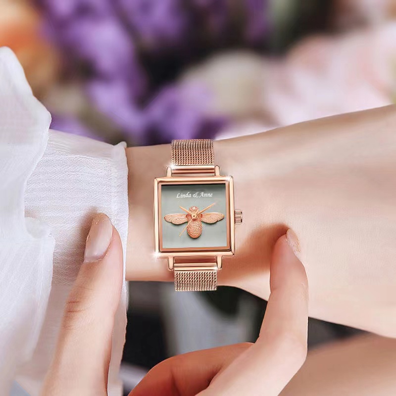 Jam Tangan Wanita Anti Air Kecil Dial Kotak Strap Rantai Pasir/ Original 3D Lebah Dial Mode Santai Jam Tangan Cewek