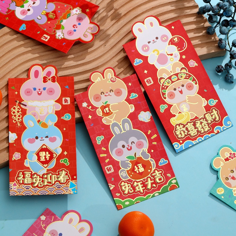 6pcs / Pak Amplop Angpao Tahun Baru Cina / Imlek Motif Kelinci Warna Merah 2023