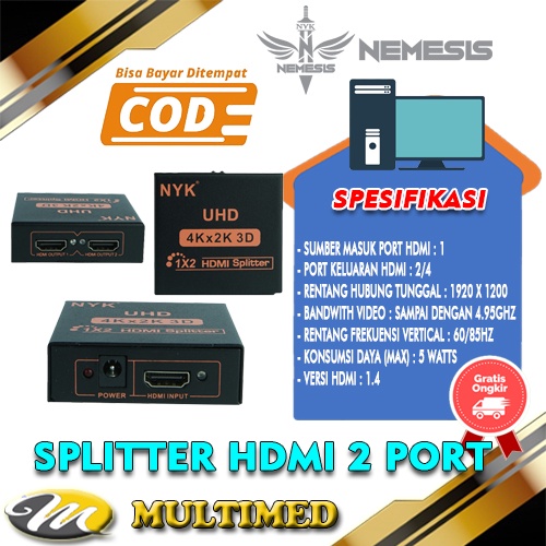 HDMI SPLITTER 2 PORT / 4 PORT NYK 4K + Adaptor 2A