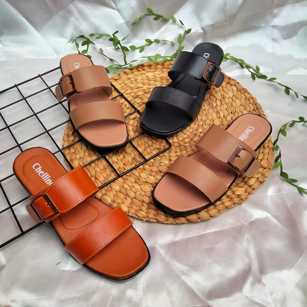 Chelline Sandal Wanita Slop Ban 2 Gesper Terbaru 2022 Model Simpel Sendal Cewek Kekinian Viral Terla