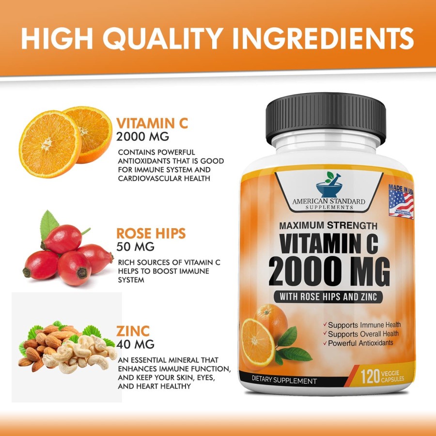 Vitamin C 2000 mg Zinc 40 mg Rose Hips 50 mg American Standard Supplements