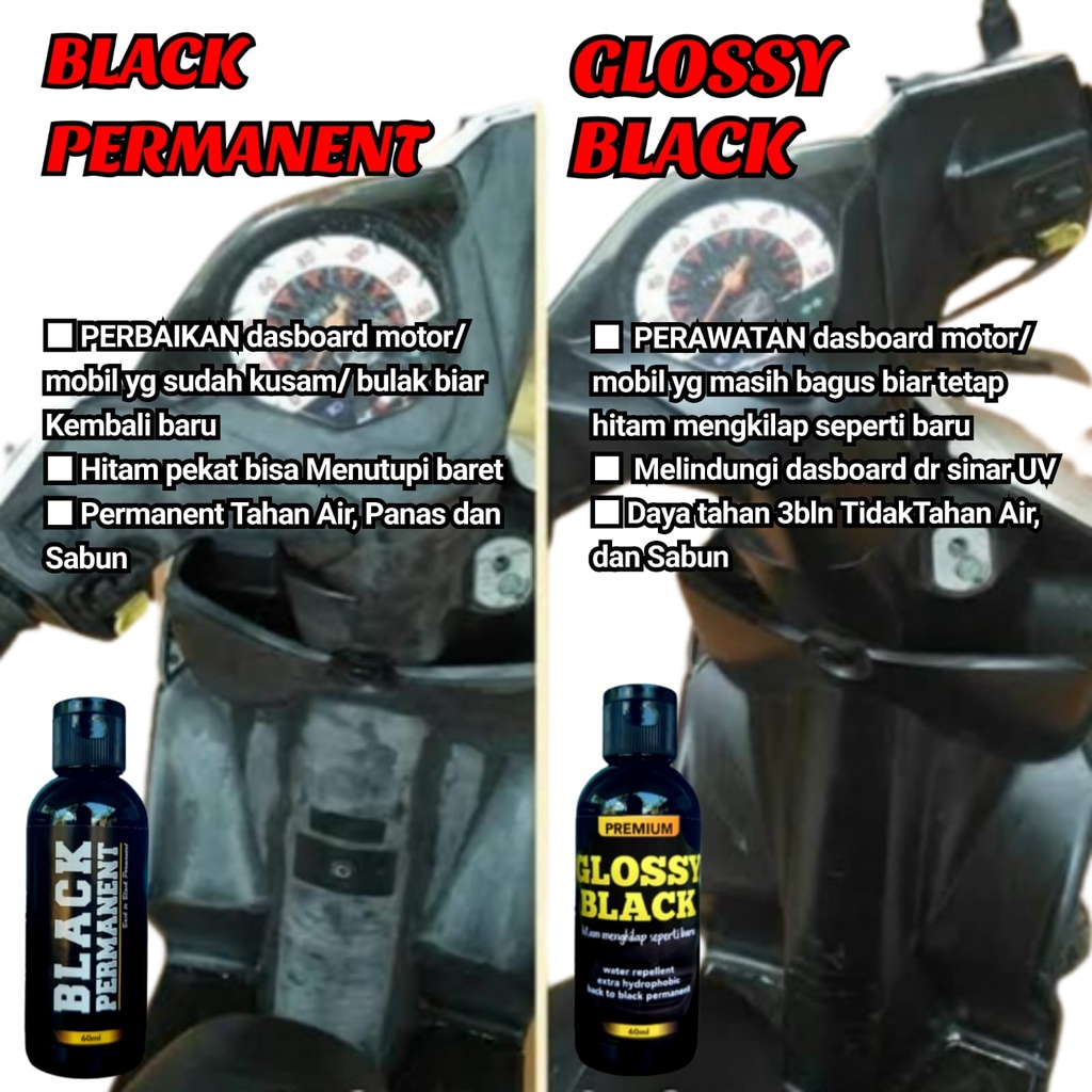 GLOSSY BLACK Premium 50ml, Penghitam motor/mobil, Trim Restorer, Dasboard, Interior, Body Kasar Dll
