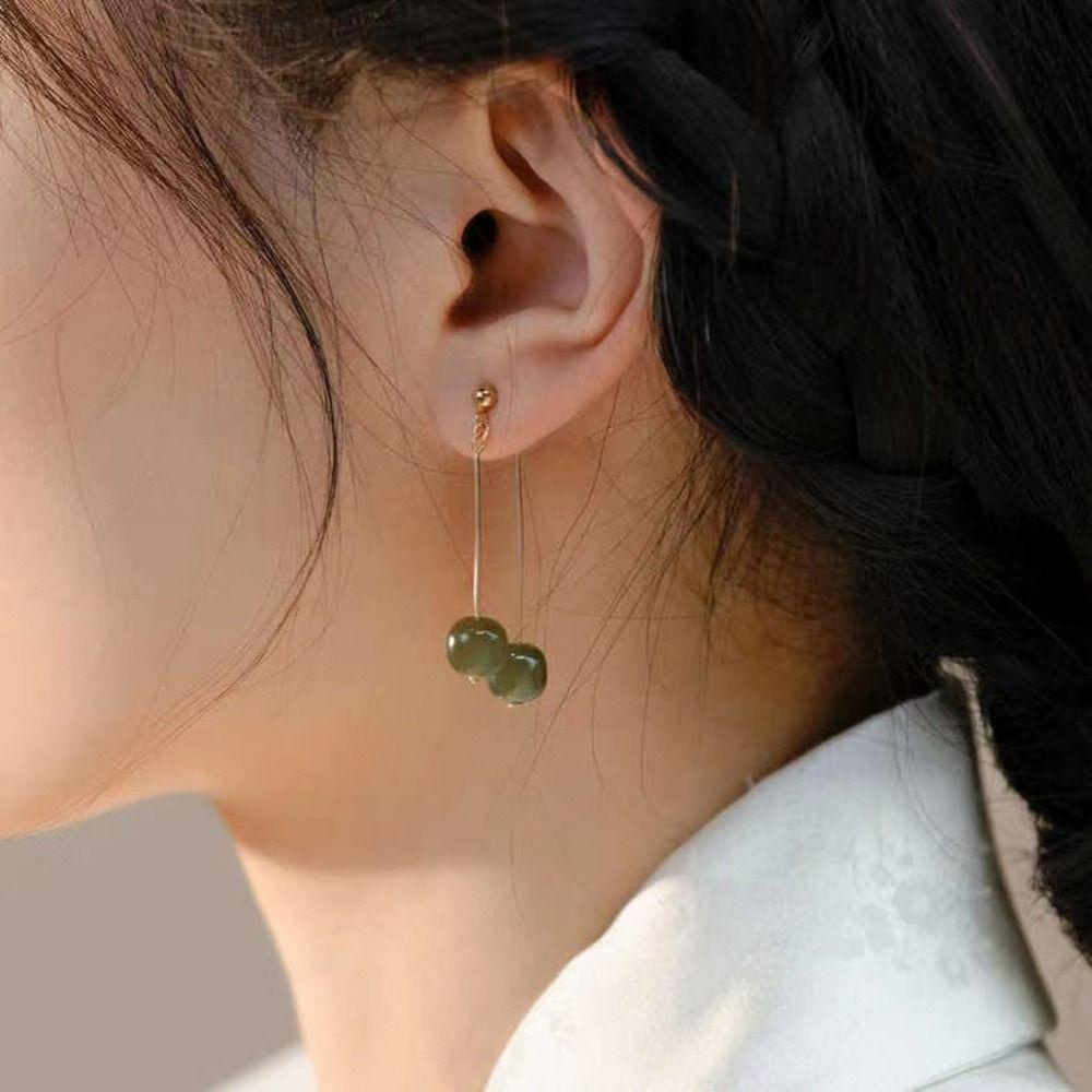 Needway  Wanita Menjuntai Anting Geometris Sederhana Imitasi Giok Gaya Kuno Tembaga Hanfu Aksesoris Fashion Hoop Earrings