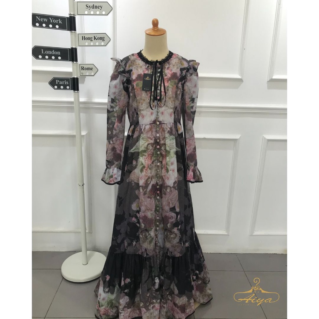 Gamis motif bunga premium dress muslim bahan katun premium by Aiya Wardrobe