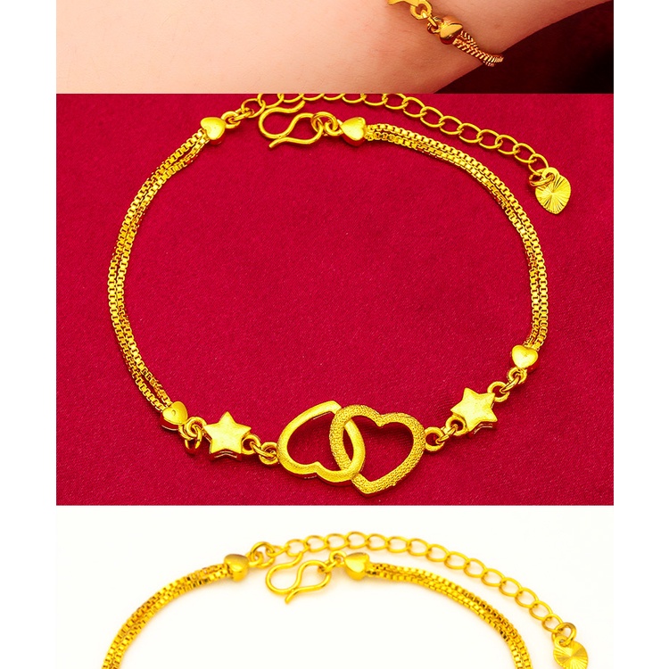 Goldkingdom Perhiasan Fashion Aksesoris Bangkok Emas Asli Kadar 375 Ready Stock Gelang Bintang Lima Wanita Cinta Ganda Baru Lucu Dan Serbaguna