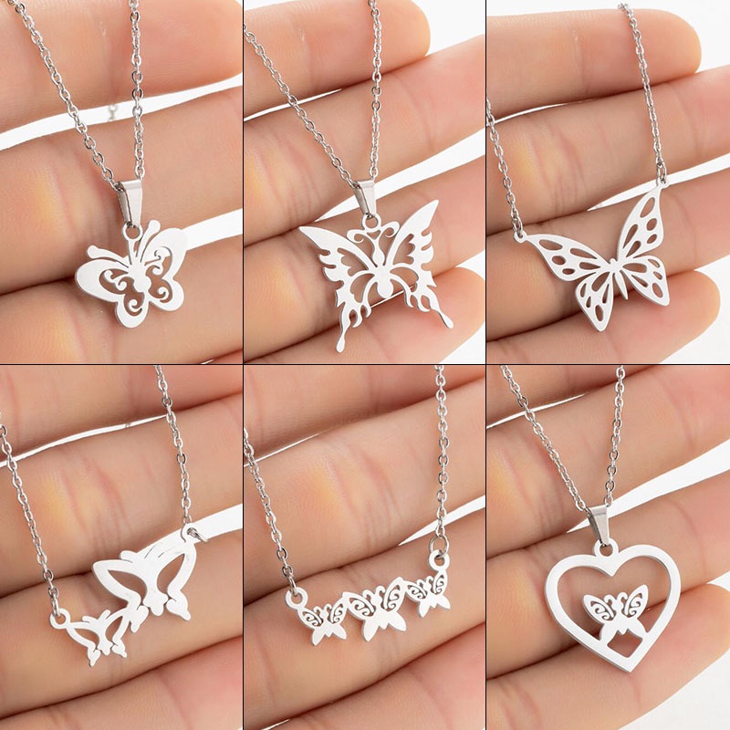 Kalung Rantai Bahan stainless steel Desain butterfly Gaya Korea Untuk Wanita