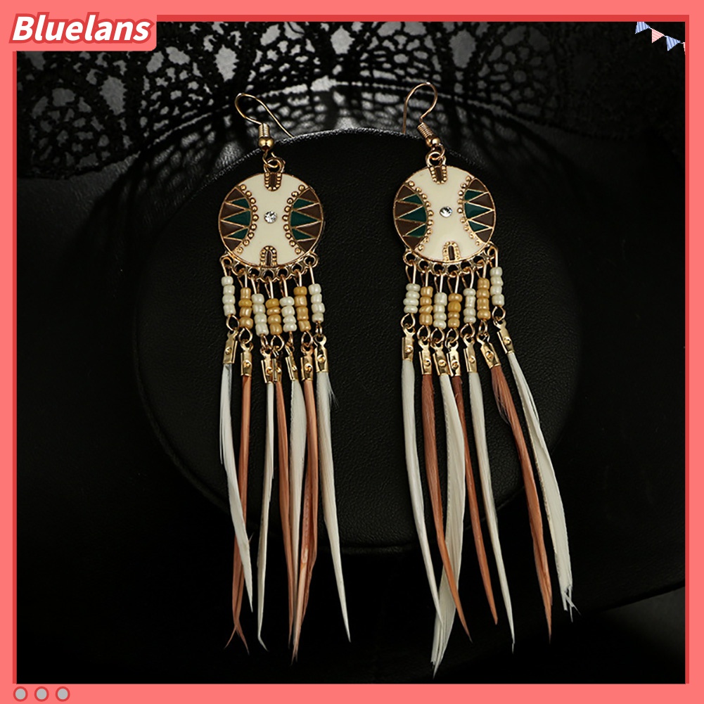 Anting Kait Gantung Desain Bulat Hollow Hias Rumbai Bulu Gaya Eksotik Untuk Wanita