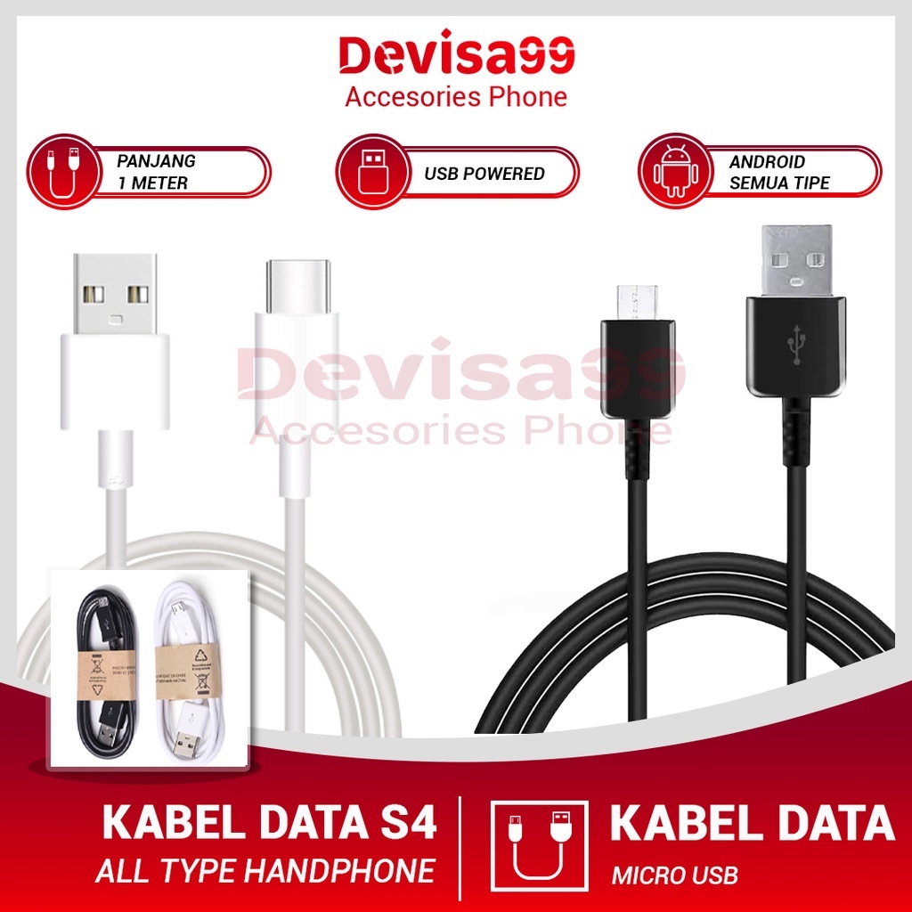 Kabel Data Charger S4 Micro Usb / V8 For Samsung Xiaomi Oppo Vivo Realme Non Pack