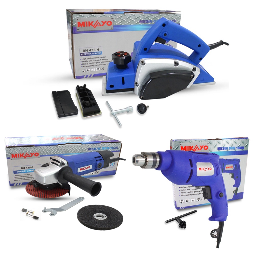 PAKET TUKANG KAYU HEMAT!!MIKAYO Serut Kayu Planer Ketam Sugu Pasah MK2900&amp;MIKAYO Mesin Gerinda Tangan 4 inch Angle Grinder&amp;MIKAYO Mesin Bor Tangan Listrik Bolak Balik 10mm GARANSI RESMI termurah