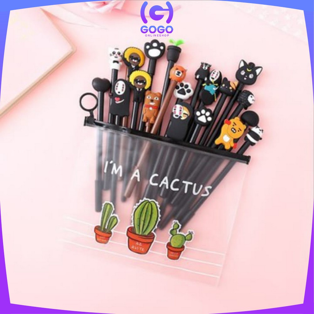 GOGO-A15 Pulpen Gel Karakter Lucu Set Isi 20PCS Pena FREE Zipper Pouch Tempat Pensil Transparan Murah