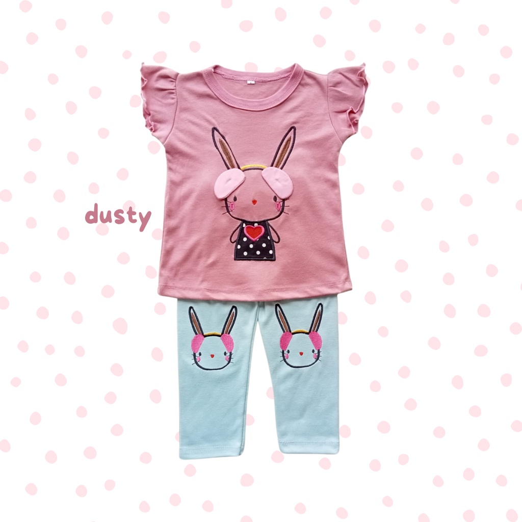 setelan harian anak perempuan lengan pendek setelan legging panjang baju anak perempuan baju balita perempuan baju bayi anak cewek BUNNY HEADPHONE TEE SET