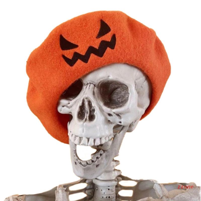 Topi Baret Desain Labu Halloween Tersenyum Gaya Retro Untuk Pesta