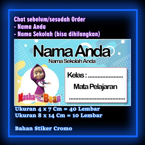 

Stiker Label Buku Masha & the bear dan kartun lucu Karakter Lucu Custom Lebel Nama cromo murah 20 Varian berbeda Sticker Pelajaran Mapel buku anak sekolah Vol 3