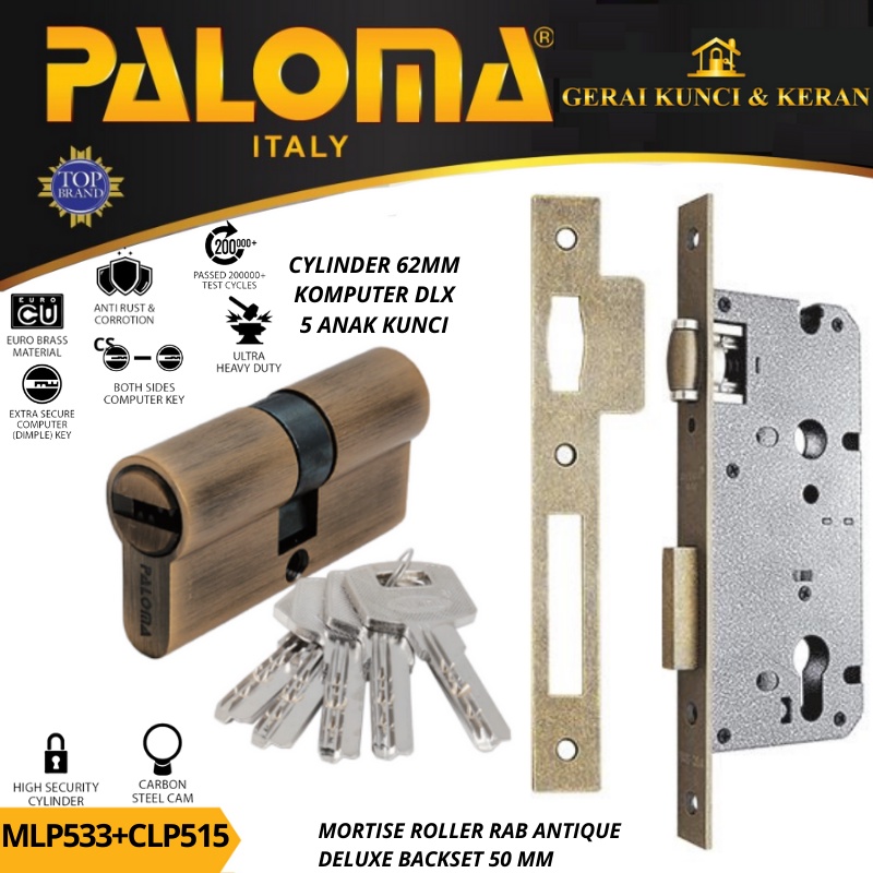 PALOMA MORTISE LOCK SET CYLINDER MLP 533 CLP 515 BODY KUNCI PELOR 50MM CYLINDER 62MM ANTIQUE KOMPUTER KEY