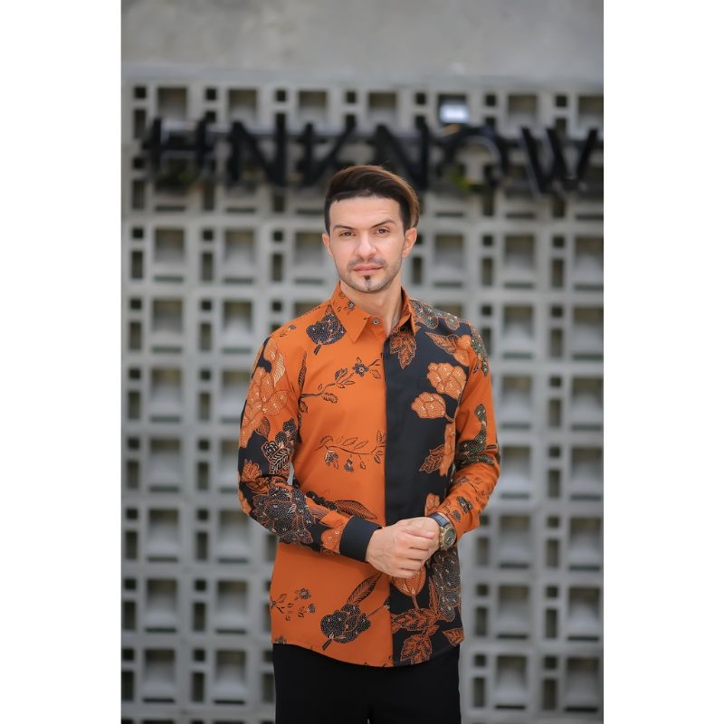 Kemeja Batik Lengan Panjang SLIMFIT Lapis Furing Katun Halus Premium Modern Sragenan KEMBANG ORANGE