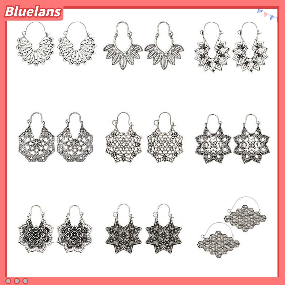 Bluelans Bohemian Women Hollow Flower Honeycomb Filigree Hoop Earrings Retro Jewelry Gift