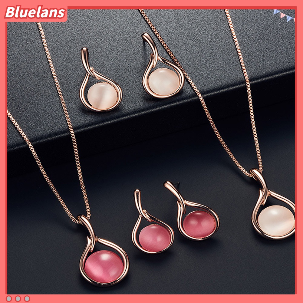 Set Perhiasan Kalung Anting Stud Liontin Opal Tiruan Bentuk Bulat Untuk Hadiah Wanita