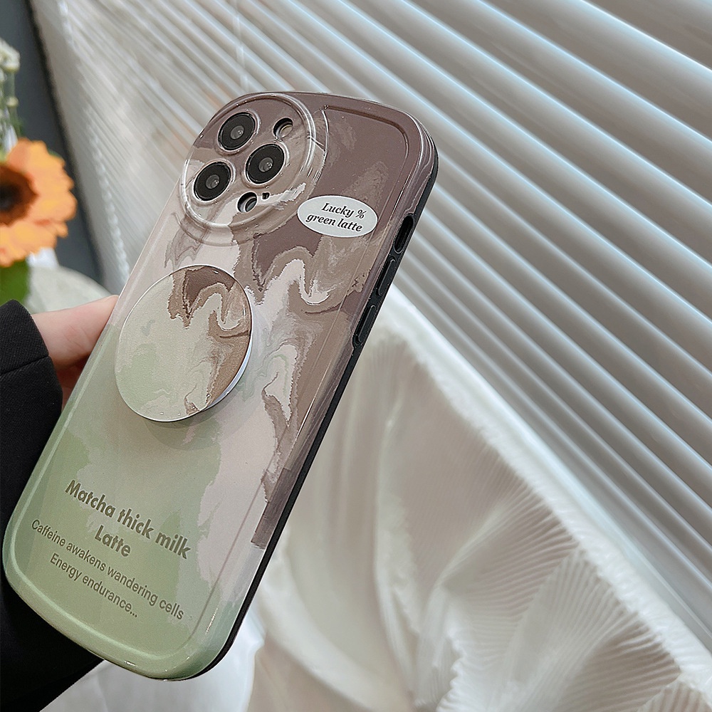 Soft Case Pelindung Penuh Motif Susu Matcha Latte Dengan Holder Untuk Iphone 11 12 13 14 PLUS PRO MAX