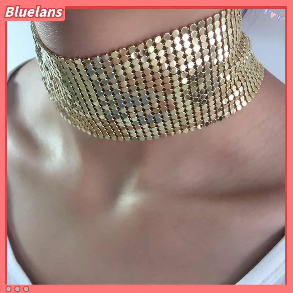 Bluelans Kalung Choker Sequin Mesh Lebar Gaya Punk Untuk Wanita