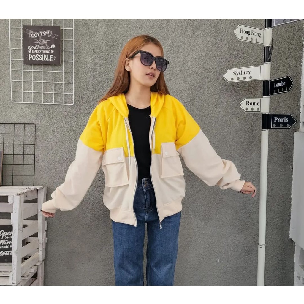 TWO TONE JACKET POCKET WANITA | SWEATER JAKET OVERSIZE COMBINE | Jaket Outfit Wanita Korean Style Wanita