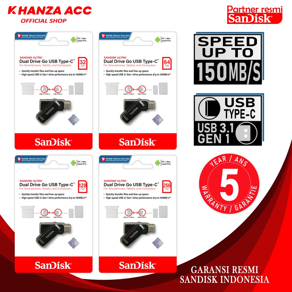 KHANZAACC Sandisk Ultra Dual Drive Go OTG 32GB 64GB 128GB 256GB USB Type-C USb 3.1